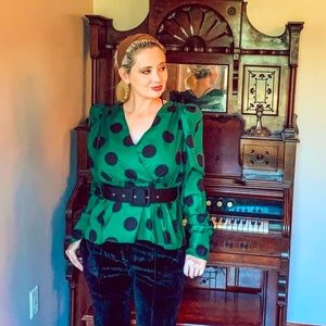 Emerald Dot Glam Belted Satin Top